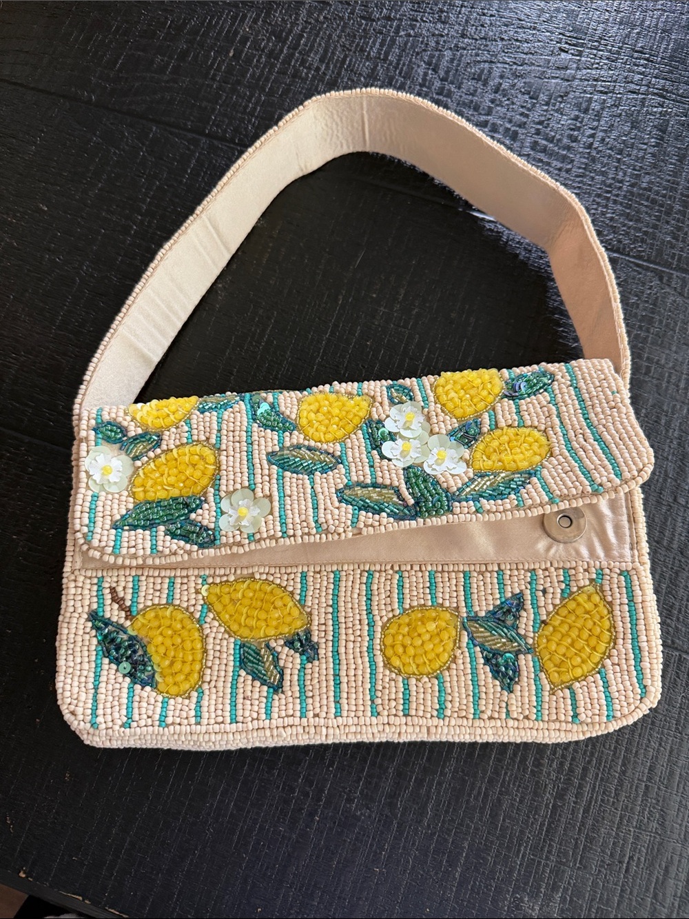 Beaded Lemon Embellished Shoulder Bag - Yellow/Pink